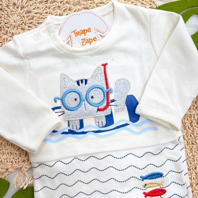 Kit 3 Peças - Bodys Manga Longa Gatinho com Peixinhos - Off White e Marinho